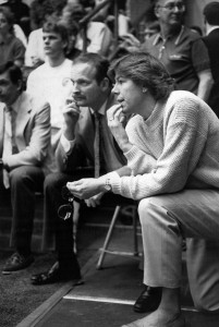 Lynn Dorn and former Bison athletic director Bob Entzion watch a Bison basketball game during the 1990s.