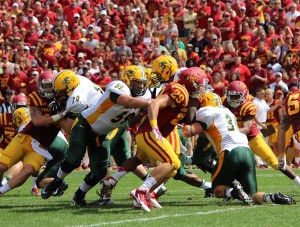 Joe Haeg has started against three FBS opponents in his career. Here he is turning around an Iowa State defender that didn't stand a chance.