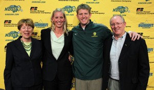 (from left to right) Lynn Dorn, Maren Walseth, Dave Richman and Gene Taylor  at the introductory press conference for the new basketball coaches in April 2014. Dorn also had a hand in hiring Amy Ruley and Tim Miles.