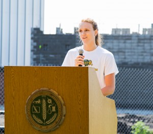 Photo by Tiffany Swanson - Liz Keena gives a speech last summer during the Sanford Health Athletic Complex groundbreaking.