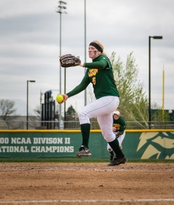 (Photo courtesy of Tiffany Swanson) Krista Menke was on fire on the mound during the Summit League tournament. She won all three games and struckout 23.