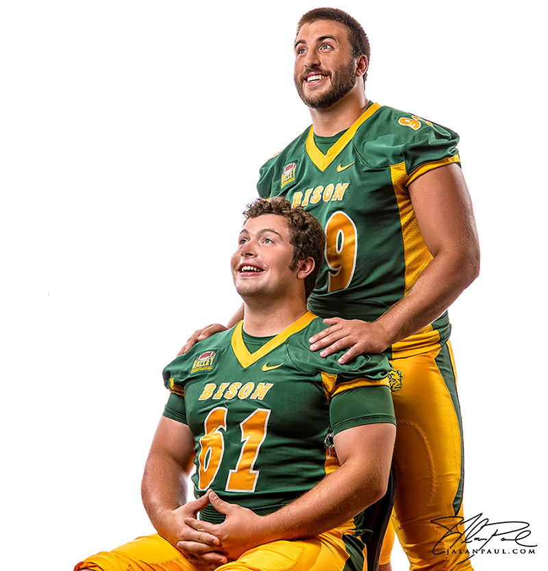 NDSU Bison defensive tackles Brian Schaetz and Nate Tanguay pose like the Step Brothers movie poster