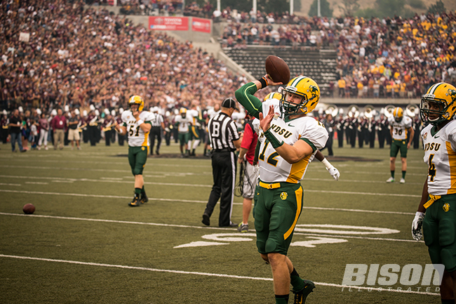 NDSU football Easton Stick warms up before first game