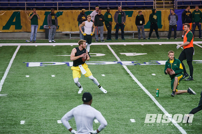 Carson Wentz drops back to pass during NDSU's 2016 Pro Day