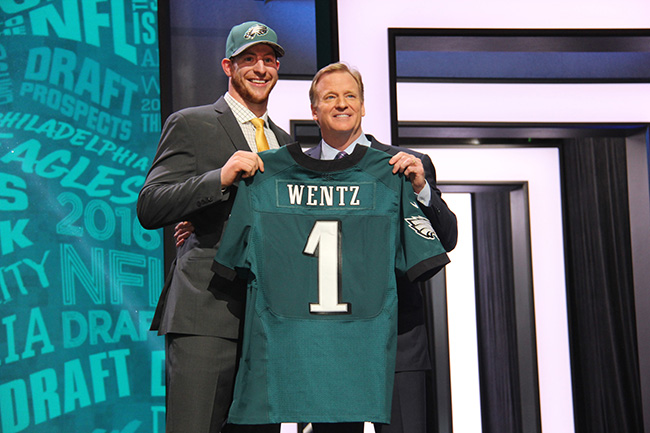 Carson Wentz and Roger Goodell on NFL Draft stage in Chicago